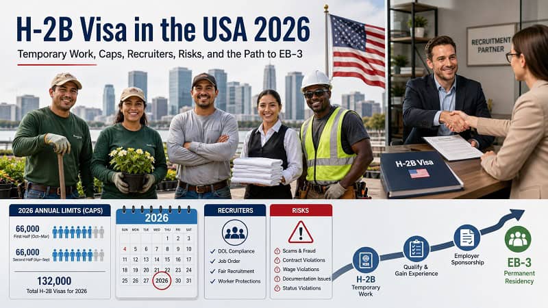 Віза H-2B у США у 2026 році: тимчасова робота, ліміти, рекрутери та шлях до EB-3